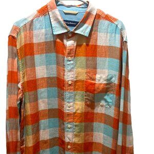 Tommy Bahama Men's Shirt Large Button Up Linen Blend Long Sleeve Plaid Colored